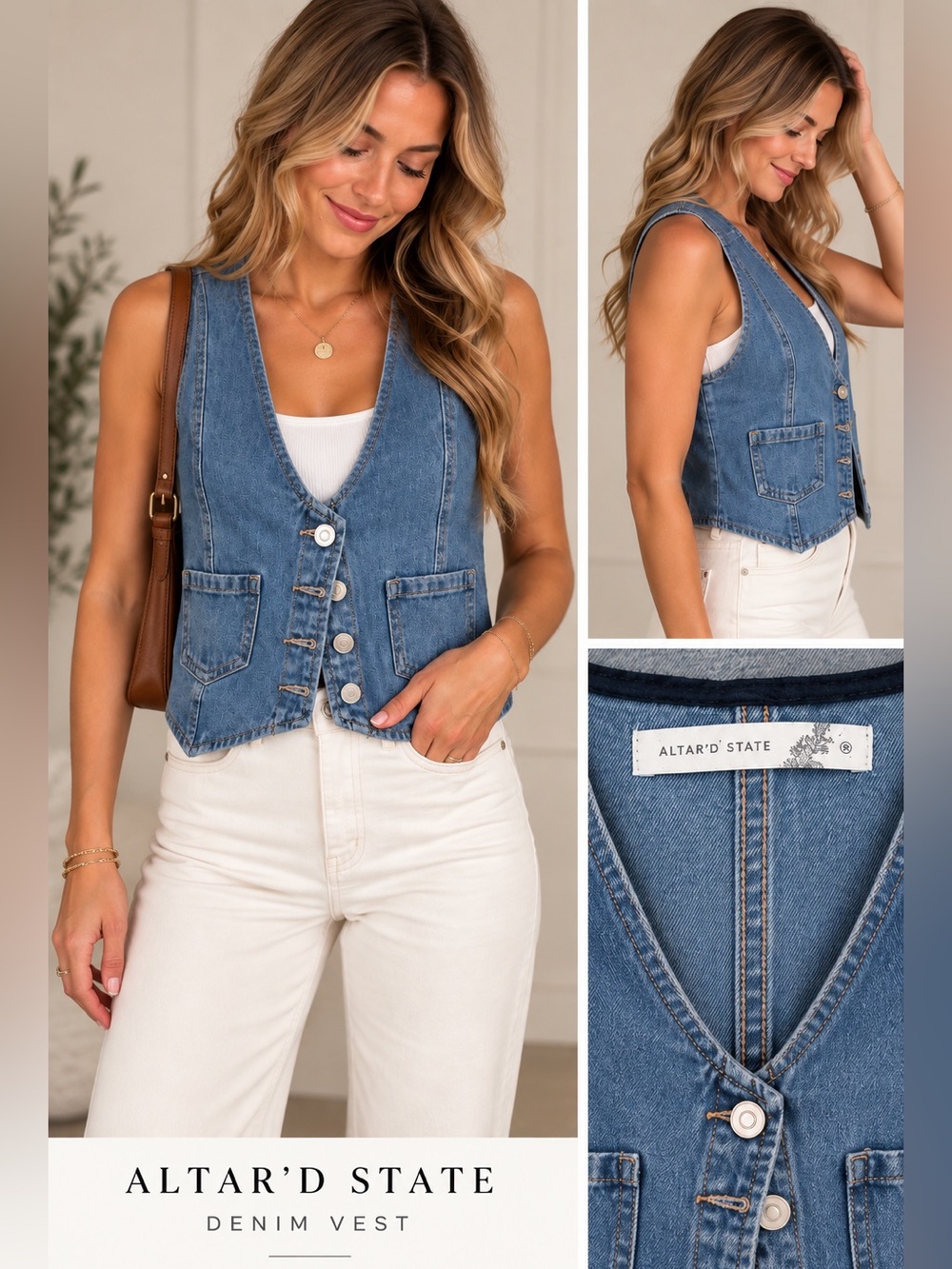 Alter’d State Medium Wash Button Front Denim Vest
